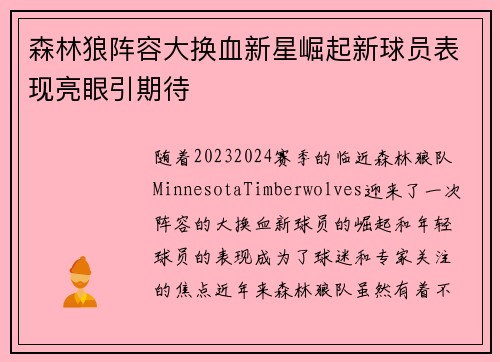 森林狼阵容大换血新星崛起新球员表现亮眼引期待