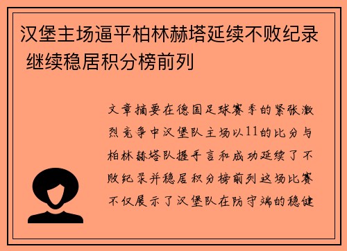 汉堡主场逼平柏林赫塔延续不败纪录 继续稳居积分榜前列