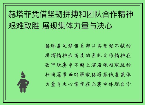 赫塔菲凭借坚韧拼搏和团队合作精神艰难取胜 展现集体力量与决心