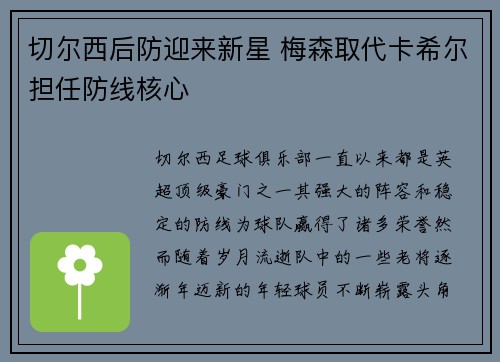 切尔西后防迎来新星 梅森取代卡希尔担任防线核心