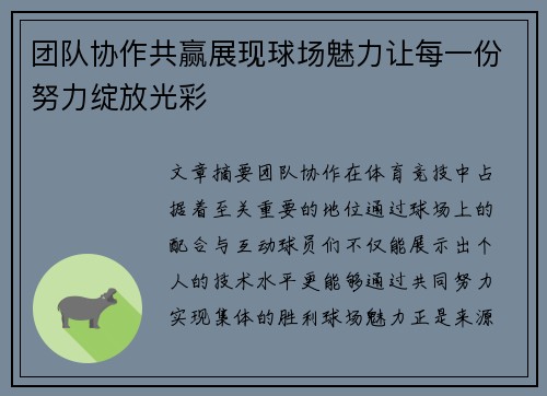 团队协作共赢展现球场魅力让每一份努力绽放光彩