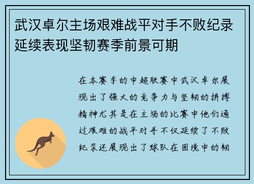 武汉卓尔主场艰难战平对手不败纪录延续表现坚韧赛季前景可期