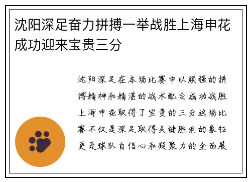 沈阳深足奋力拼搏一举战胜上海申花成功迎来宝贵三分
