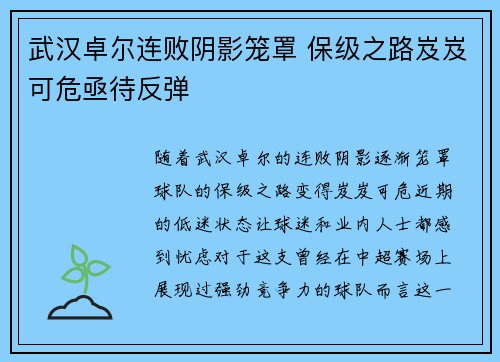 武汉卓尔连败阴影笼罩 保级之路岌岌可危亟待反弹