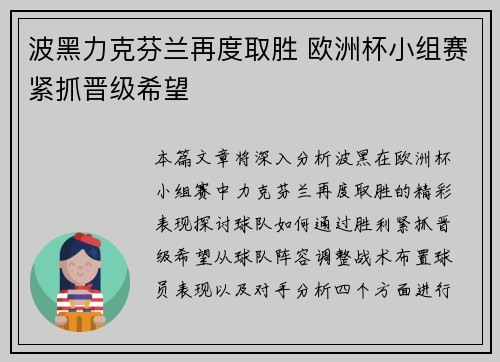 波黑力克芬兰再度取胜 欧洲杯小组赛紧抓晋级希望